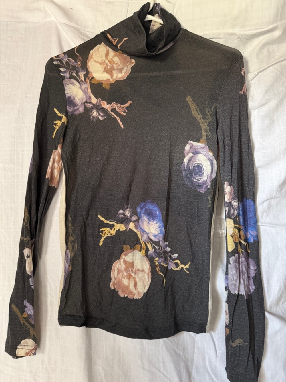 Acne Long-Sleeve Floral Turtleneck Top - Black with Purple, Cream & Tan Blooms